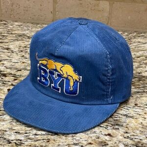 Vtg 80s BYU Brigham Young University Cougars Trucker Hat Blue Corduroy SB USA